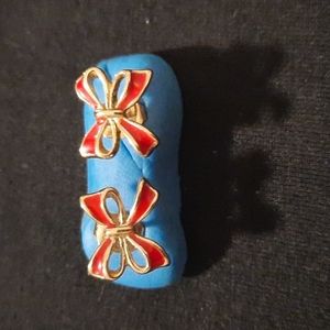 Cute gold tone and red ribbon earrings